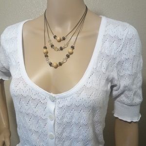 3 Strand Pewter Crystal Wood Bead Necklace